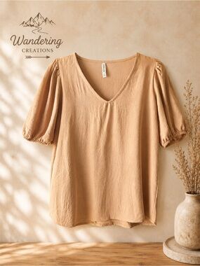 Zenana V-Neck Puff Sleeve Top in Camel Tan